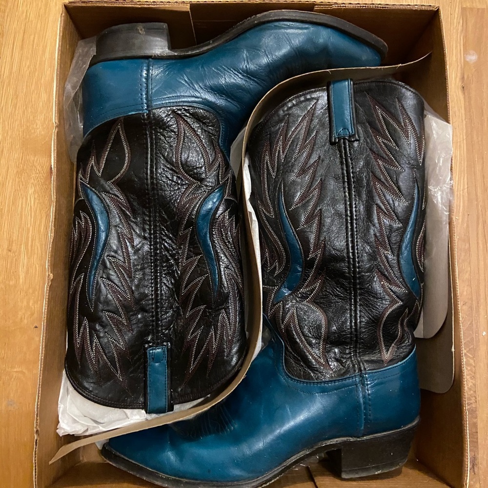 Vintage Teal & Black Dan Post Cowboy Western Boots
